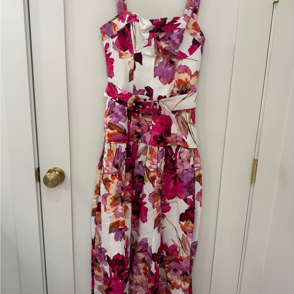 NICHOLAS White Floral Midi Dress with Pink, Purple and Orange Accents